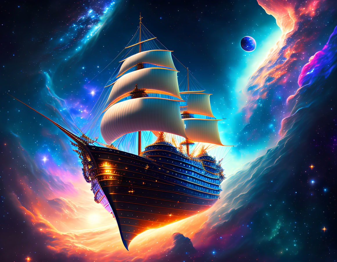 Sailing ship in vibrant outer space with stars and nebulas