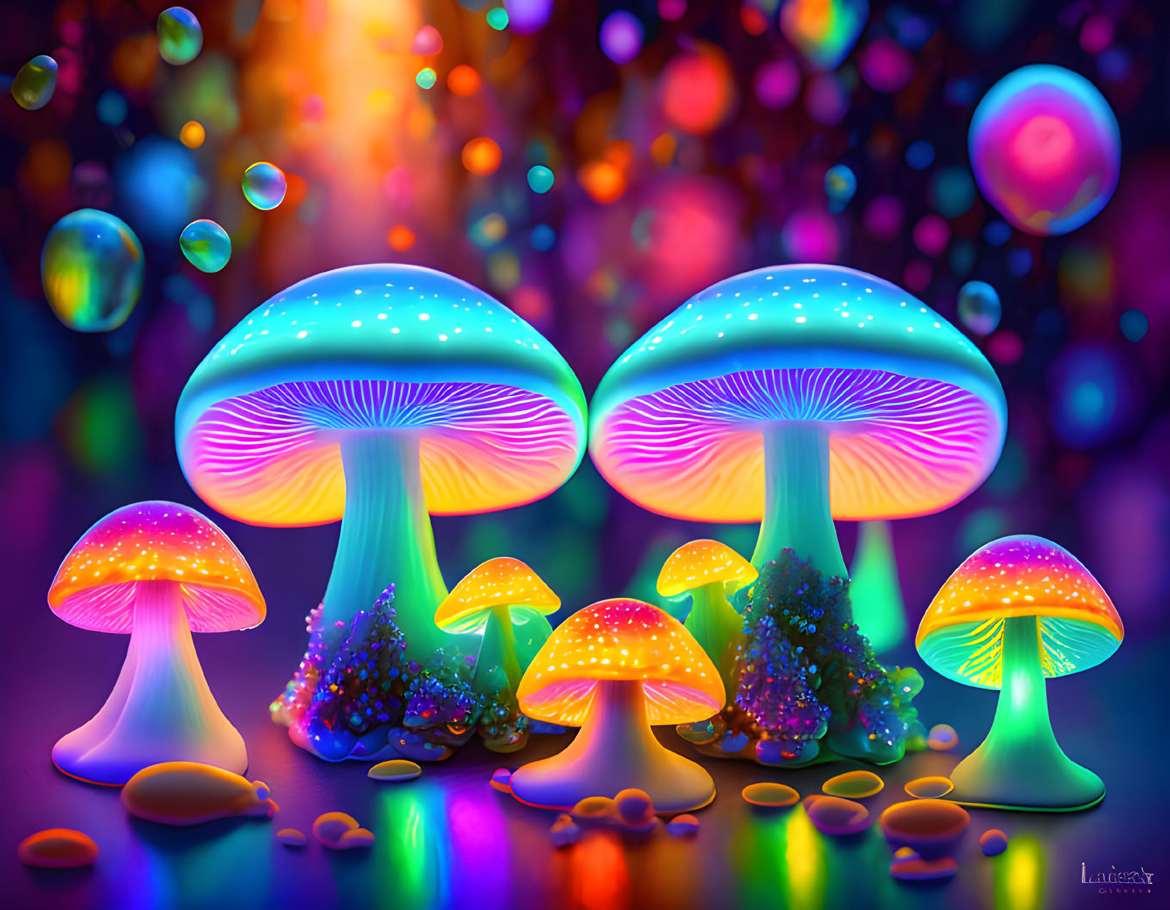 Colorful Mushroom Illustration with Magical Elements and Bokeh Background