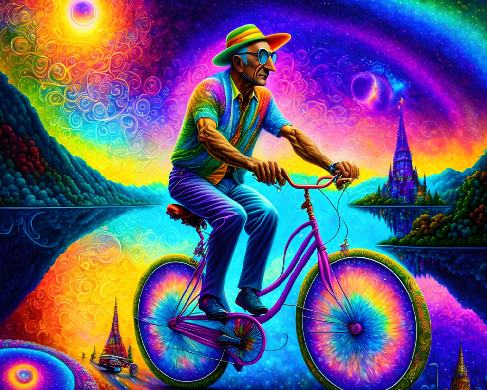 Colorful psychedelic artwork of man on bike with swirling patterns