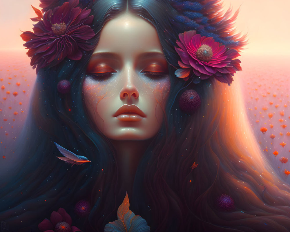 Surreal image of woman with flowers in dark flowing hair