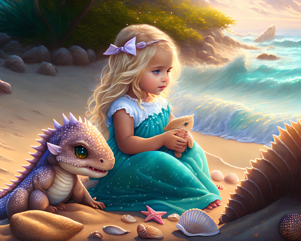 Young girl in blue dress with baby dragon on beach at sunset with shells and starfish.