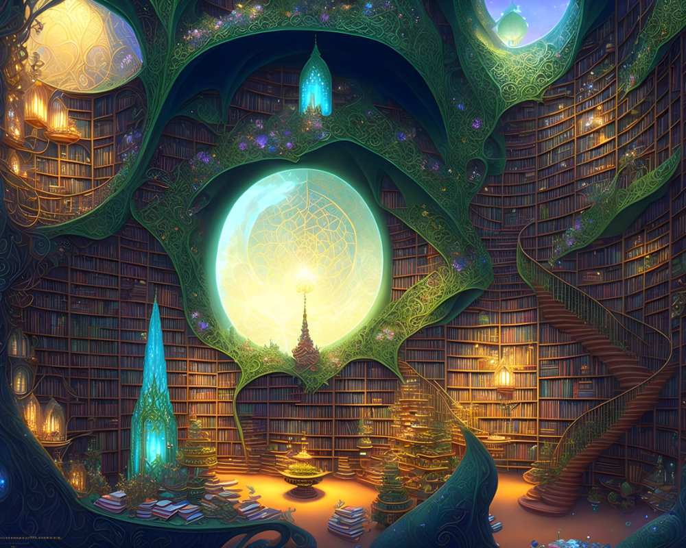Fantastical library with spiral staircases and magical tree under glowing dome