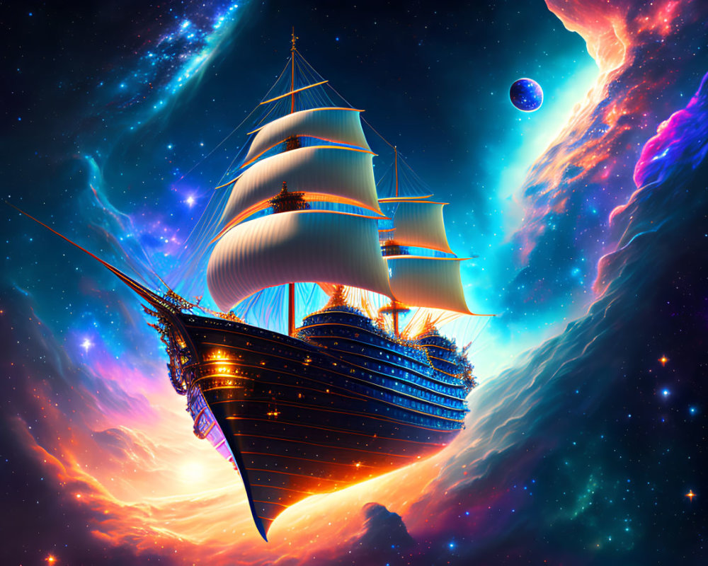 Sailing ship in vibrant outer space with stars and nebulas