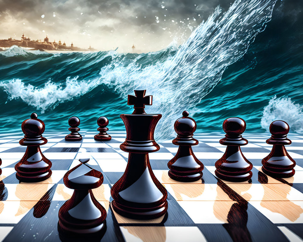 Chessboard with pieces against stormy sky and waves symbolizing strategic challenge