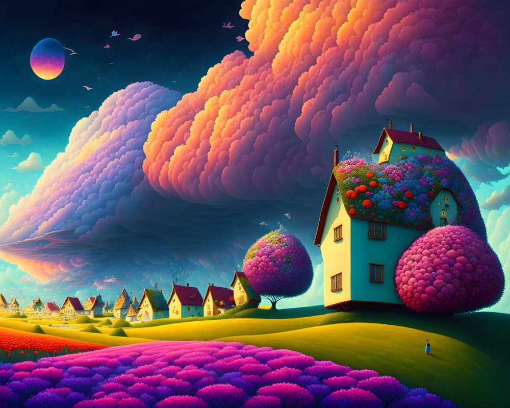 Vibrant fantasy landscape with whimsical sky, flora-covered house, colorful trees, and quaint houses