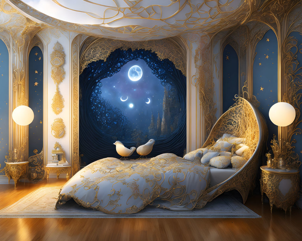 Luxurious Bedroom with Golden Accents, Ornate Bed, Celestial Motifs, and Mystical