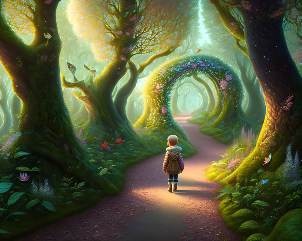 Child Walking on Magical Forest Path with Glowing Trees, Rainbow Arch, Flowers, and Butterflies