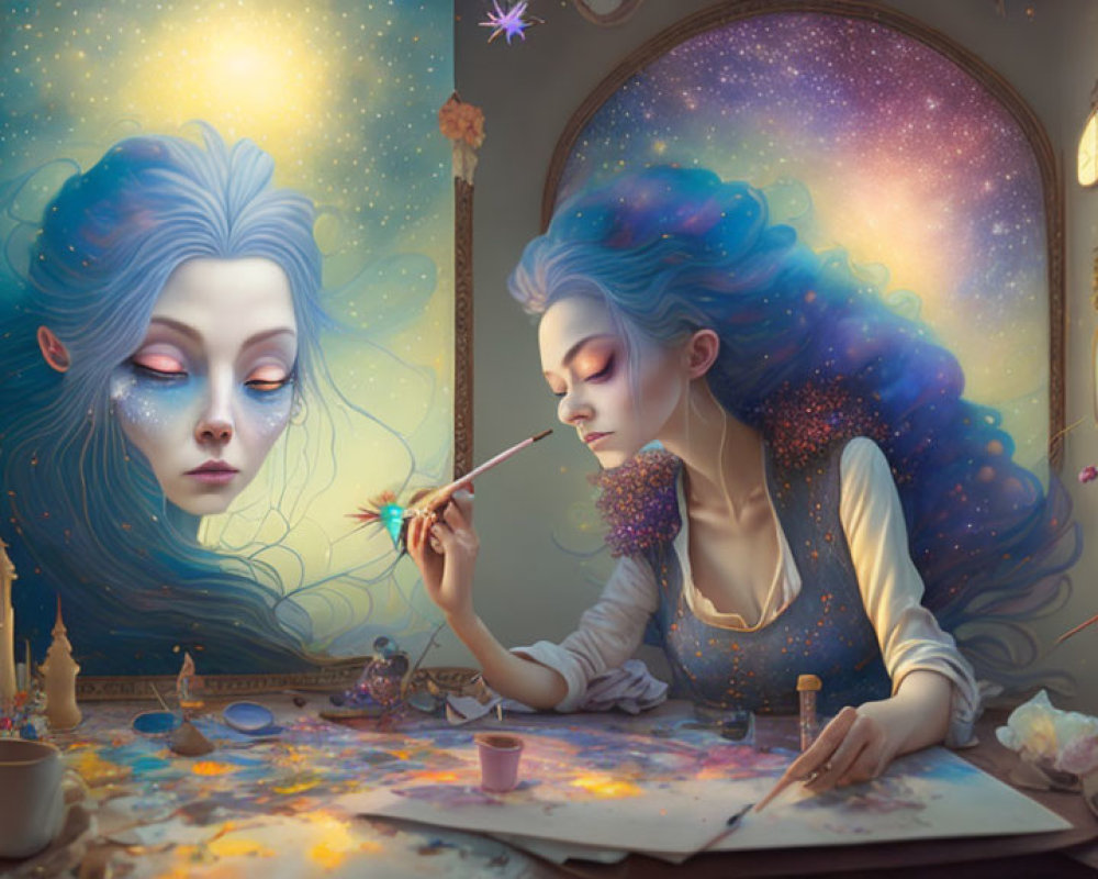 Blue-haired artist paints cosmic portrait in candlelit room with starry arched window view