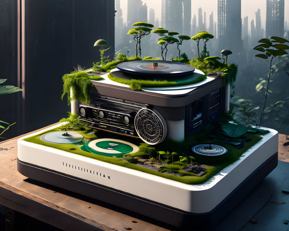 Vintage Turntable with Greenery and Moss in Futuristic City Ruins