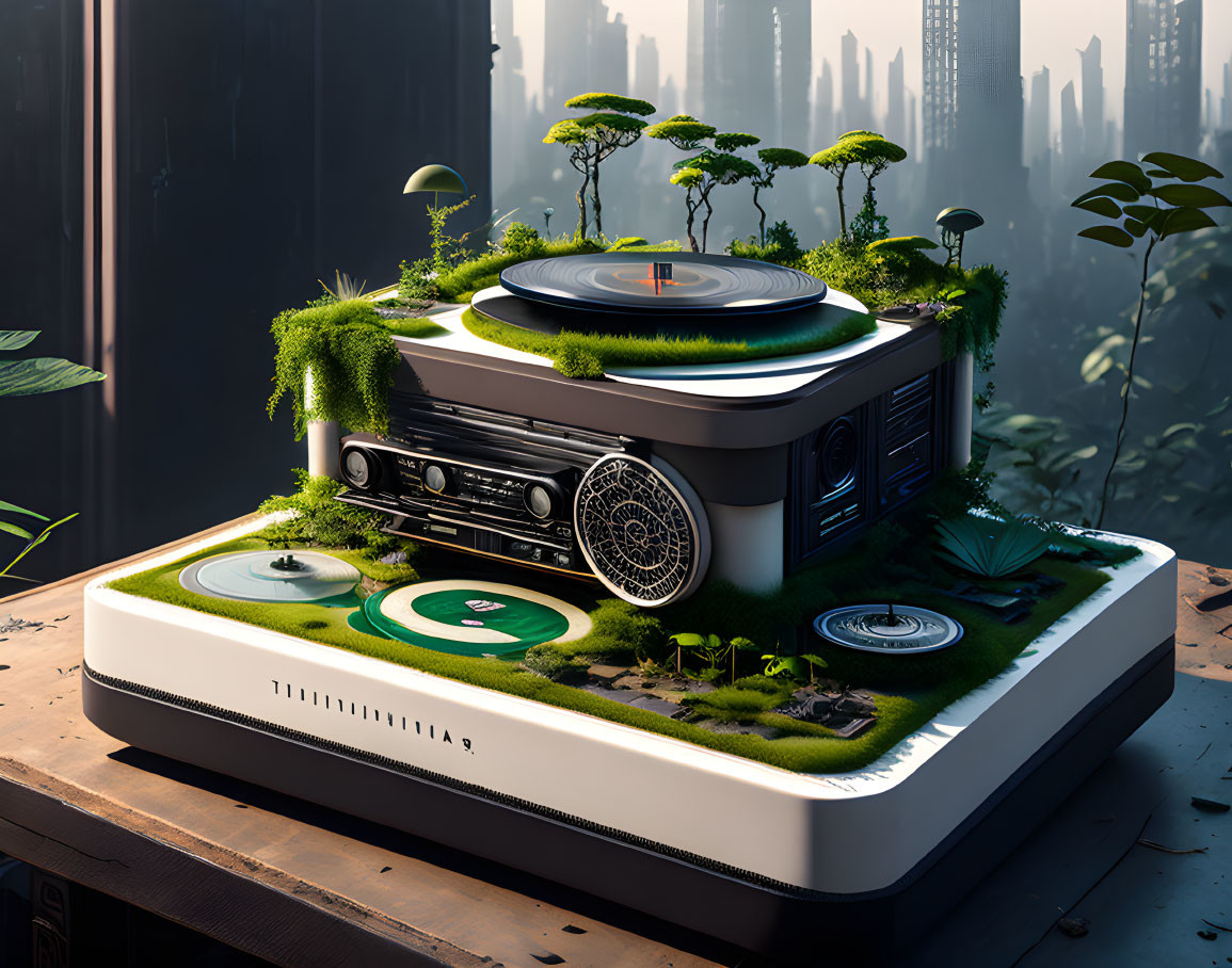 Vintage Turntable with Greenery and Moss in Futuristic City Ruins