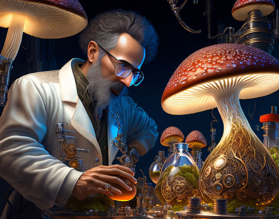 Steampunk scientist studies vial with glowing mushrooms and brass equipment