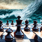 Chessboard with pieces against stormy sky and waves symbolizing strategic challenge