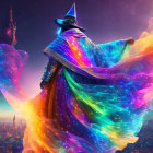 Wizard in vibrant cloak gazes at magical city under starry sky