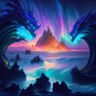 Fantasy Seascape: Luminous Dragon Waves, Vibrant Sunset, Northern Lights