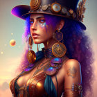 Steampunk-inspired woman with curly hair, gears hat, and jewelry under a dreamy sky.