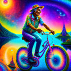 Colorful psychedelic artwork of man on bike with swirling patterns