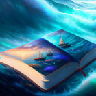 Open book with ocean and sailing ships blending into surrounding sea under twilight sky