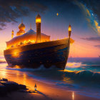 Ornate ship sailing at sunset with crashing waves and luminous comet