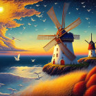 Colorful Fantasy Coastal Scene with Windmills and Birds at Sunset