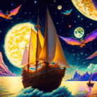 Sailboat on glimmering sea with moons, stars, and birds in vibrant night sky