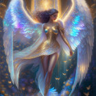 Ethereal figure with luminous wings and golden armor surrounded by glowing butterflies in mystical flower setting