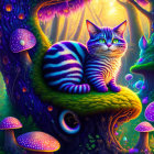Fantastical image: Striped cat with glowing green eyes in whimsical forest