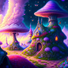 Fantasy landscape with oversized mushrooms, whimsical houses, glowing plants