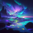 Alien Landscape with Luminous Auroras and Jagged Peaks