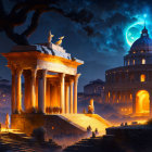 Ancient Roman night scene with illuminated buildings, crescent moon, and starry sky