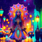 Colorful artwork of a woman with blue skin in mystical attire on neon-lit street