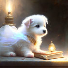 White puppy with translucent wings and golden adornments beside an open book and lit candle