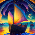 Fantasy artwork: Ships sailing on golden sea with moon, phoenix