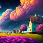 Vibrant fantasy landscape with whimsical sky, flora-covered house, colorful trees, and quaint houses