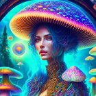 Fantasy forest digital art: woman with mushroom hat surrounded by glowing mushrooms