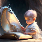 Baby angel with wings reading giant book with small white dragon in mystical forest