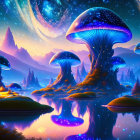 Fantasy landscape with oversized glowing mushrooms and starry sky