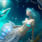 Ethereal underwater scene with serene mermaid, fish, and blue hair