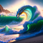 Fantastical art: Dragon-headed wave in scenic sunrise/sunset backdrop