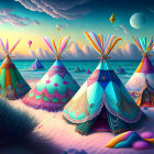 Vibrant teepees on beach with hot air balloons, seascape, and planets at dusk