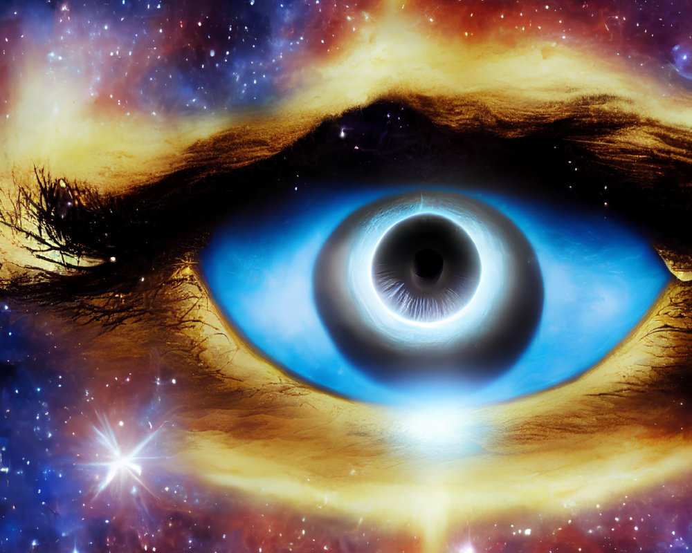 Digital Artwork: Human Eye merged with Starry Nebula for Cosmic Theme