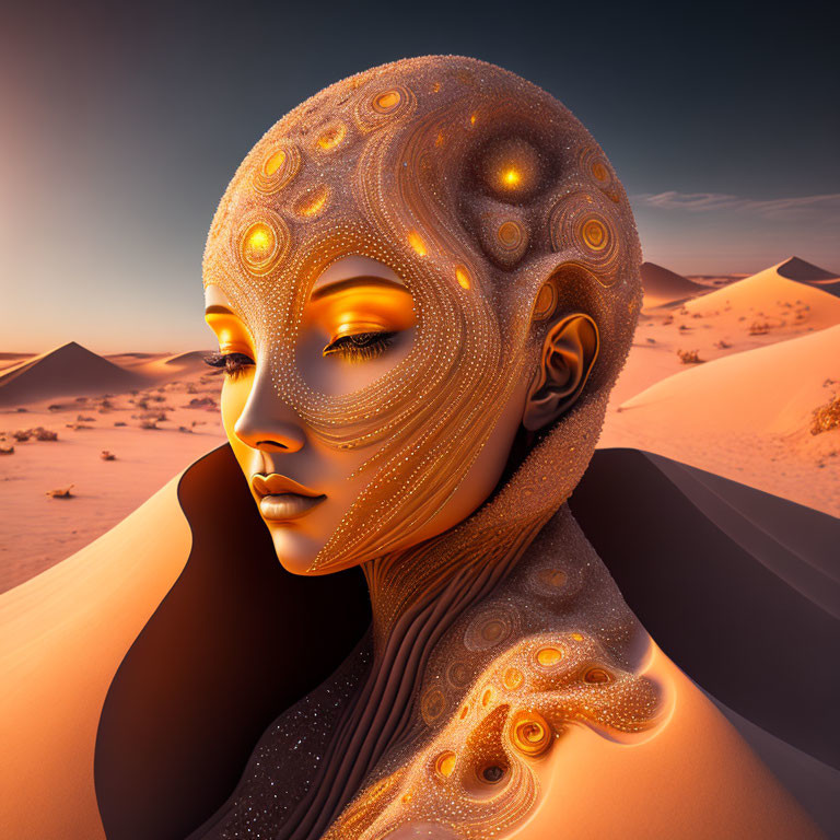 Otherworldly Female Figure with Golden Skin in Desert Sunset Scene