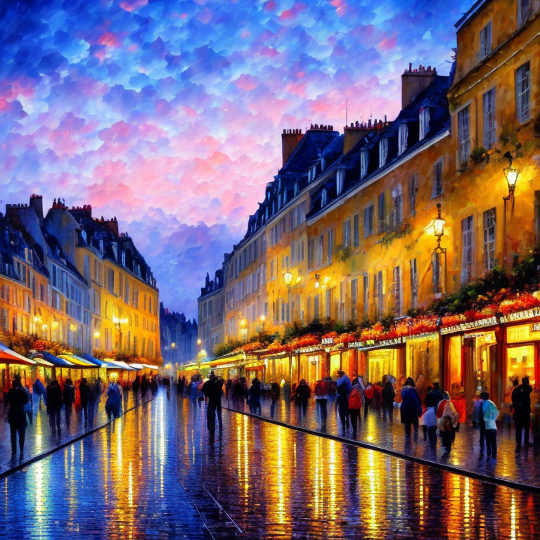 Colorful evening street scene with illuminated shops and vibrant sky.