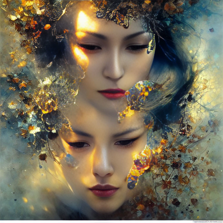 Double exposure portrait of woman with serene expression, overlaid with autumn leaves and butterflies