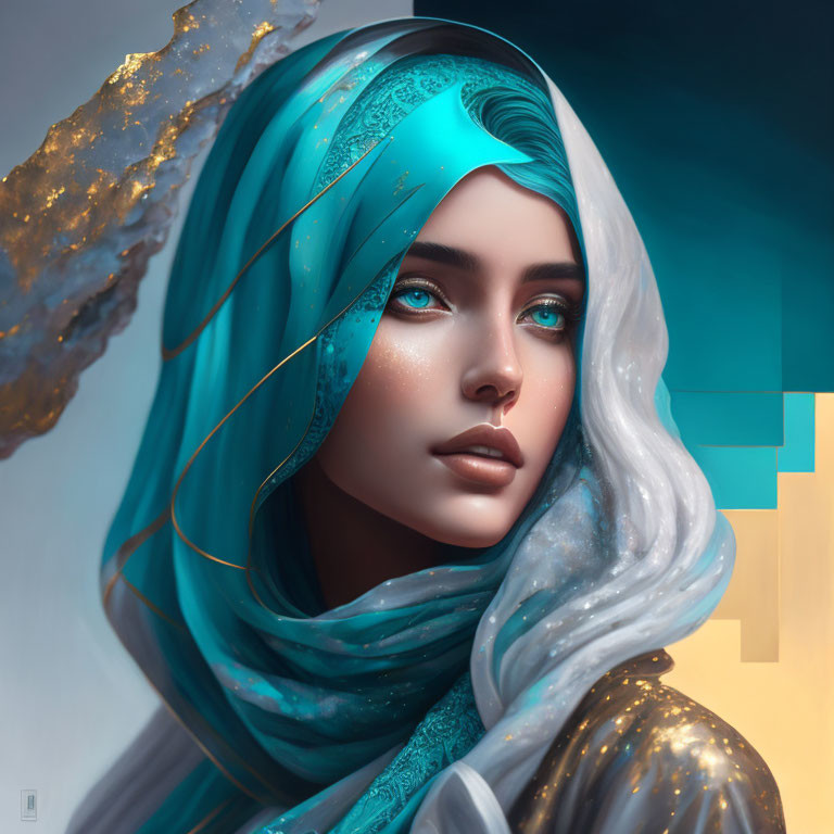 Digital art portrait of woman with striking blue eyes and turquoise headscarf