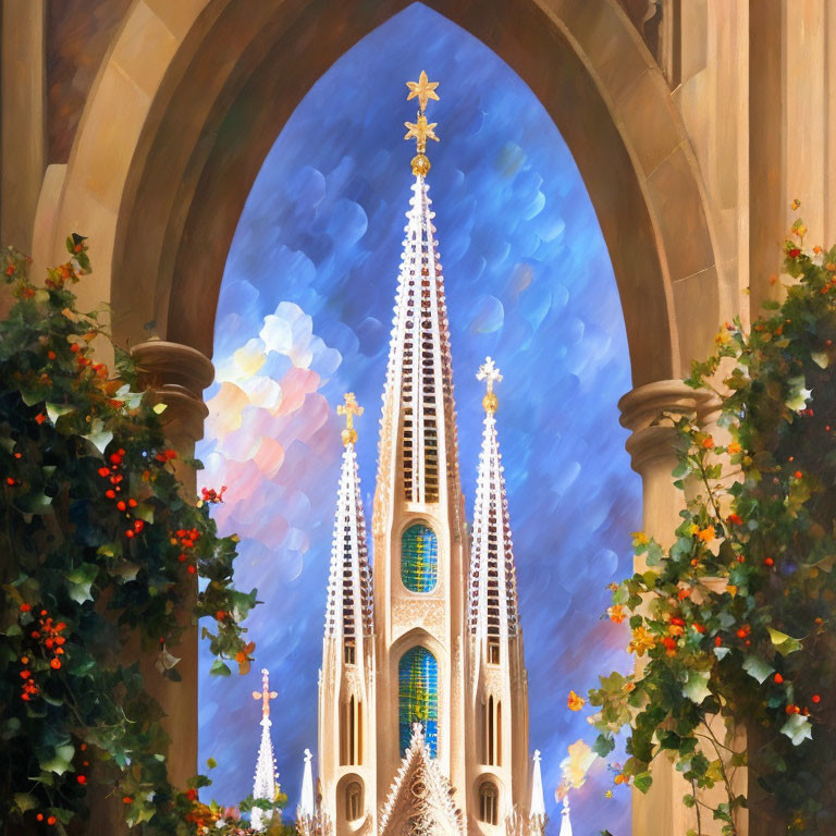 Gothic cathedral spire with archway, green foliage, red flowers, blue sky