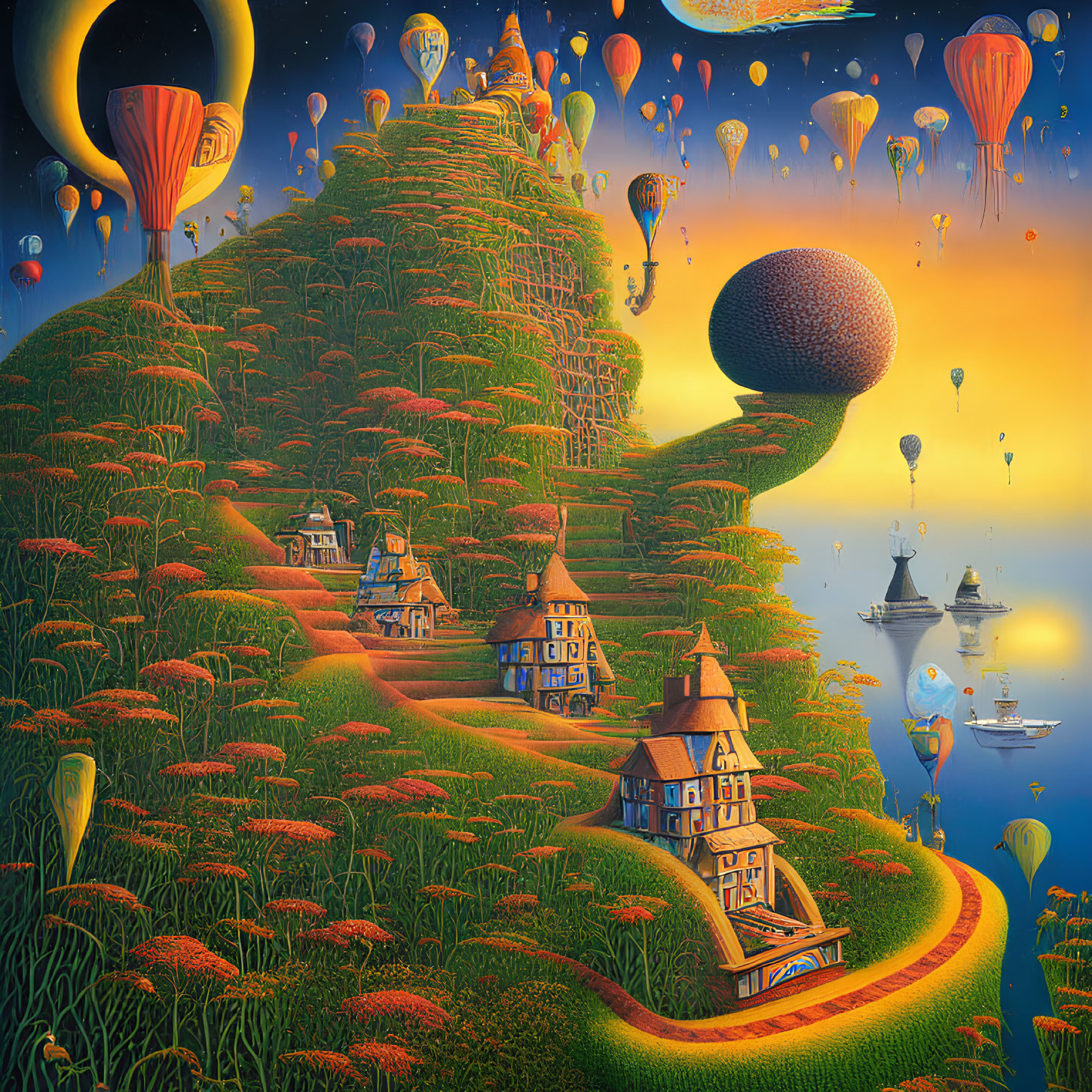 Colorful landscape with hot air balloons, ships, and quirky houses under sunset sky