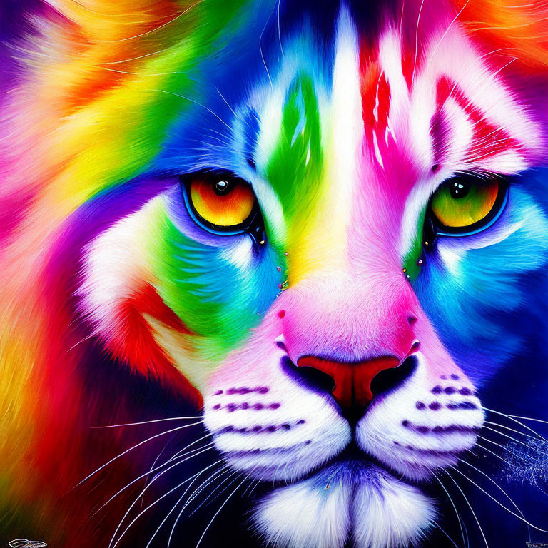Colorful Lion Artwork with Multicolored Mane on Rainbow Background