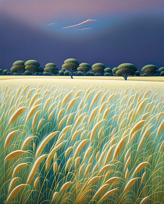 Tranquil landscape with golden wheat field, row of trees, and violet twilight sky