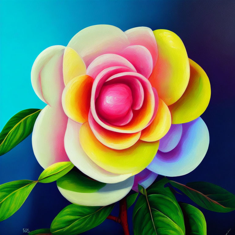 Colorful Flower Painting with Pink and Yellow Petals on Blue Background