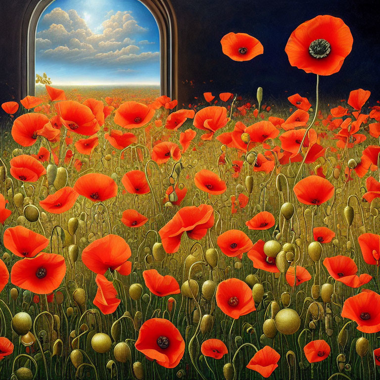Lush Red Poppies Field Under Blue Sky